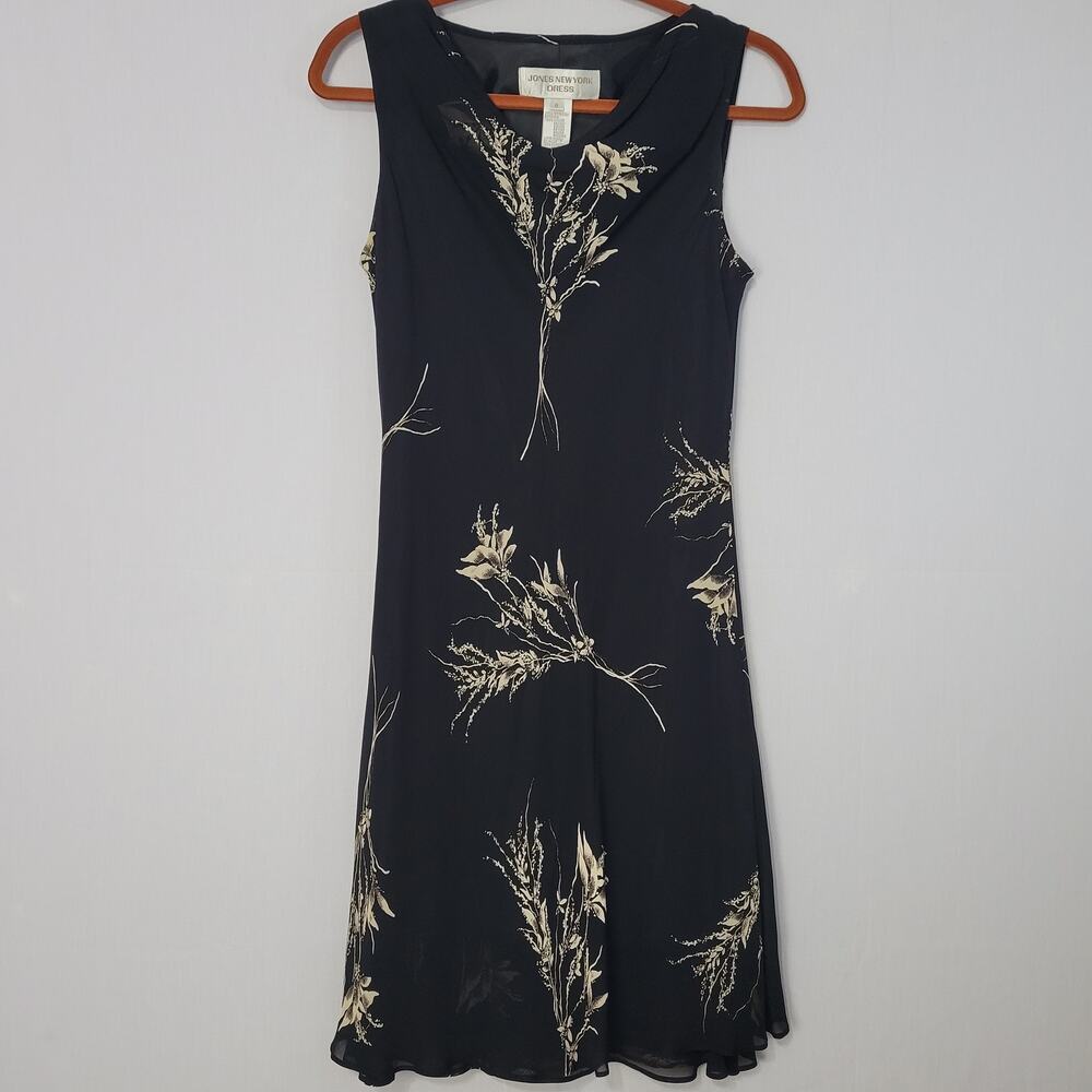 Vintage 90s/Y2K Floral Sleeveless Cowl Neck Dress sz 8 Black Cream Fairy Grunge